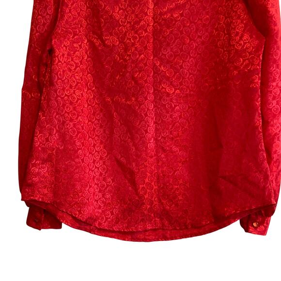 Vintage 70s Red Satin Roses Floral Shimmering Bishop Sleeve Blouse Size large - Picture 12 of 16